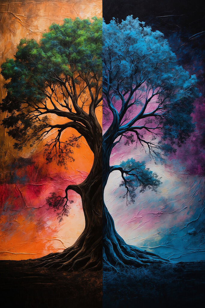 A tree with a colorful background