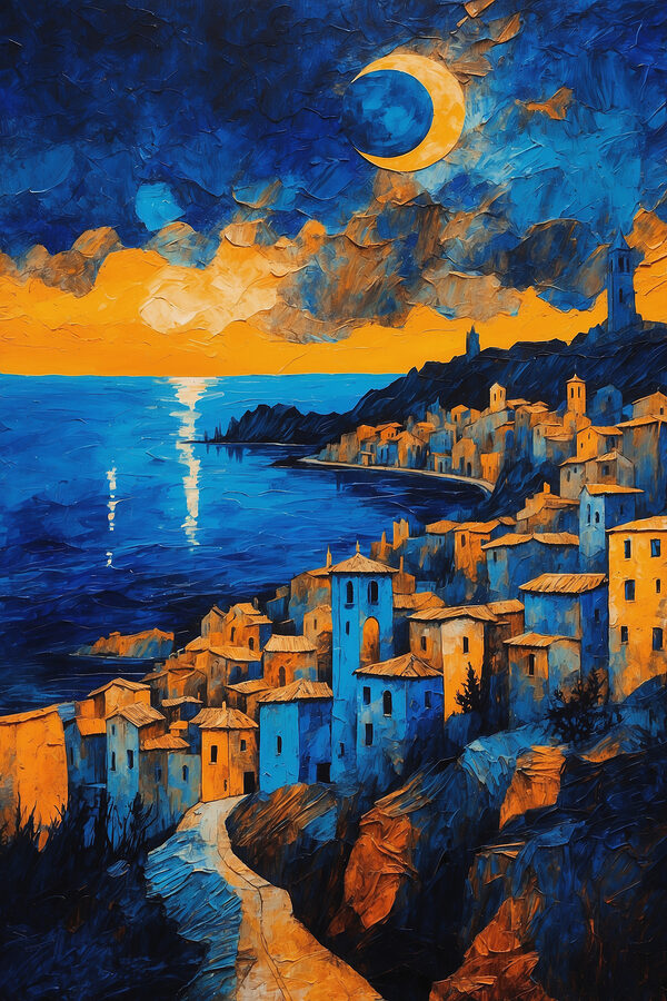 A painting of a city by the water