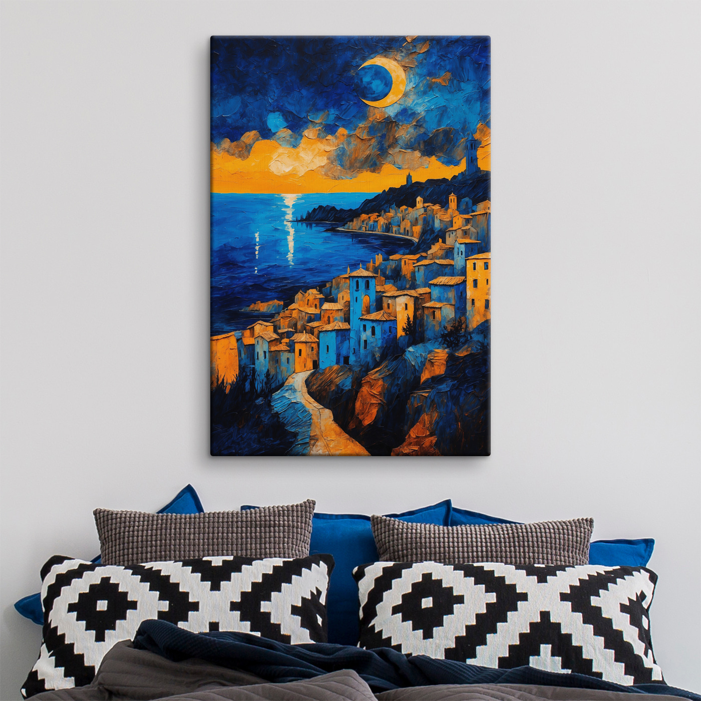 A painting of a city by the water