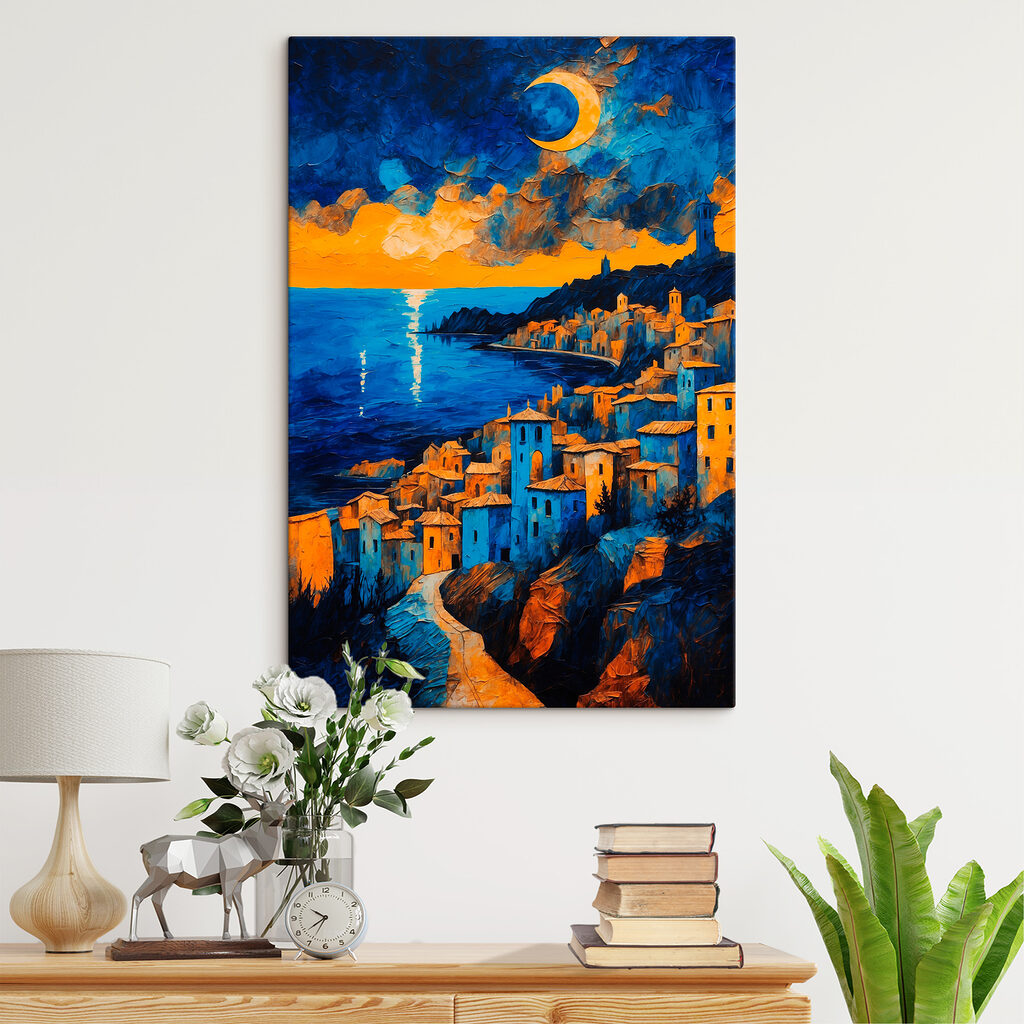 A painting of a city by the water