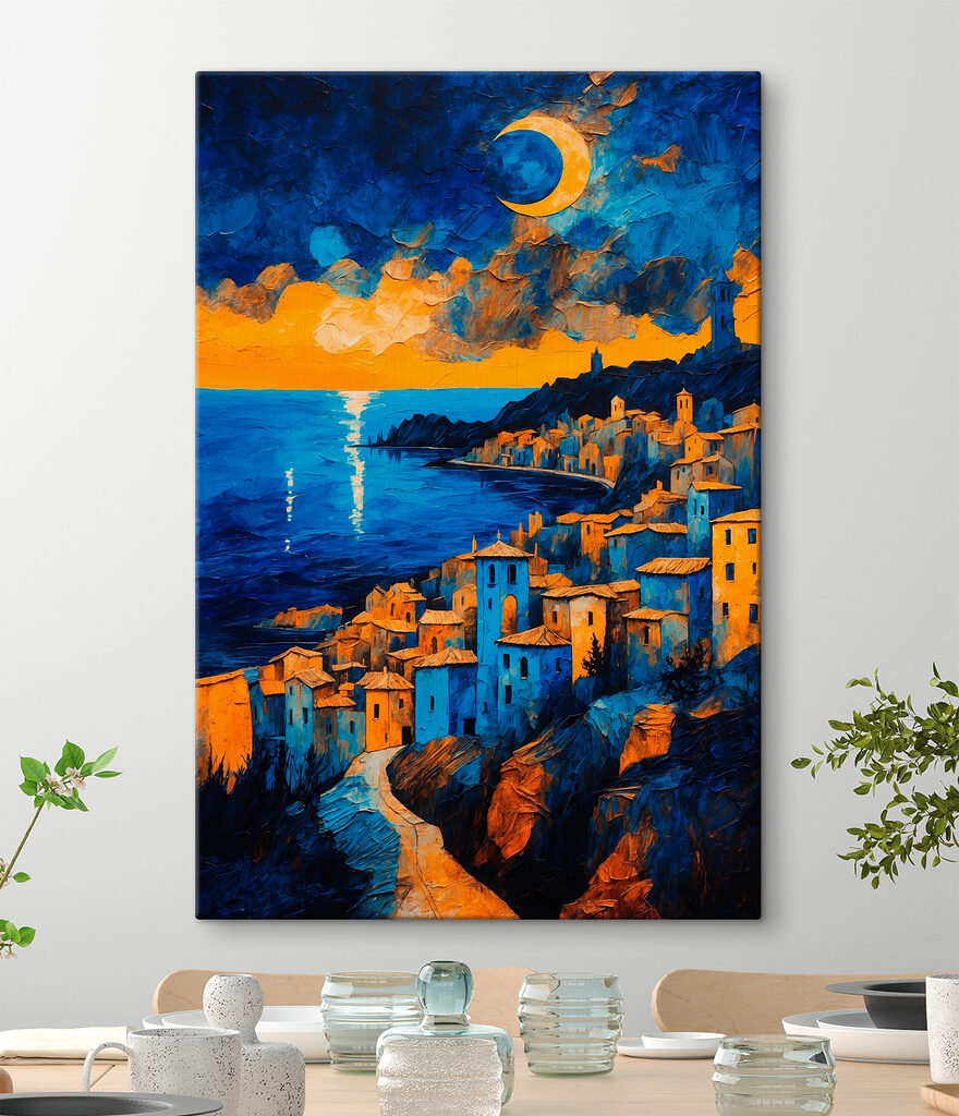 A painting of a city by the water