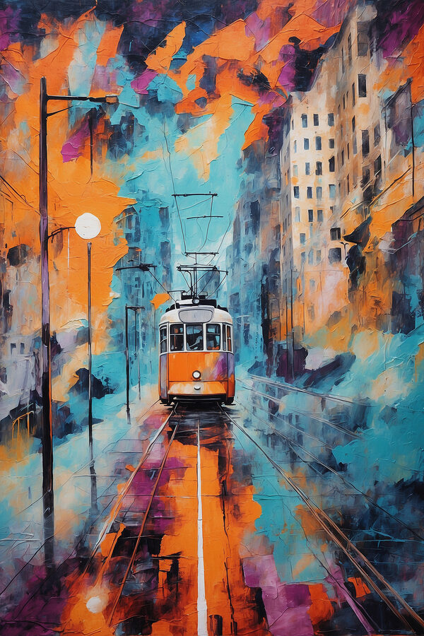 A painting of a trolley on a street