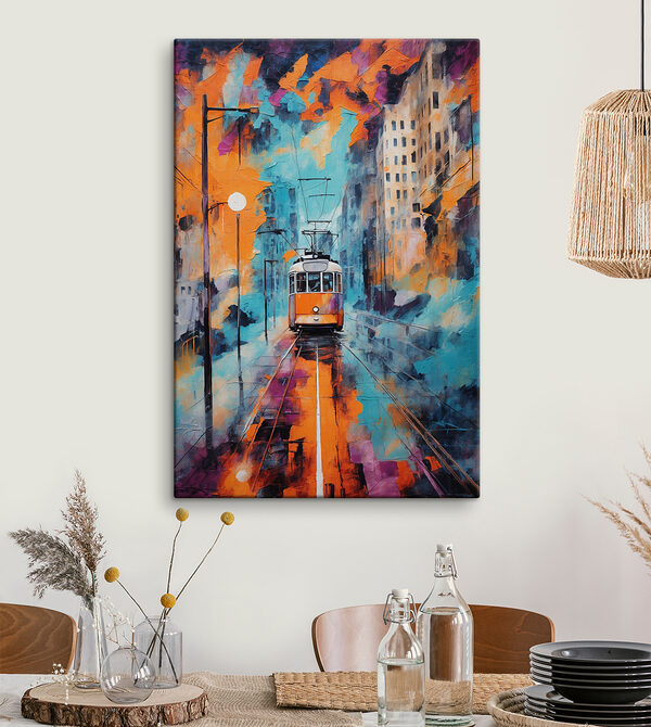 A painting of a trolley on a street