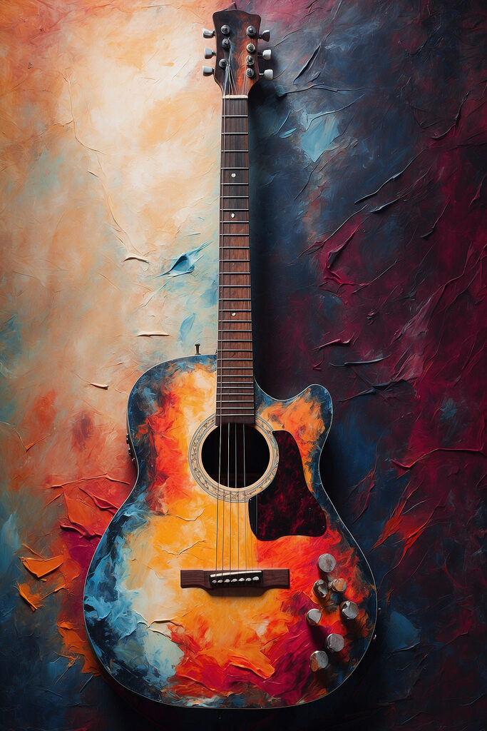 A guitar leaning against a wall