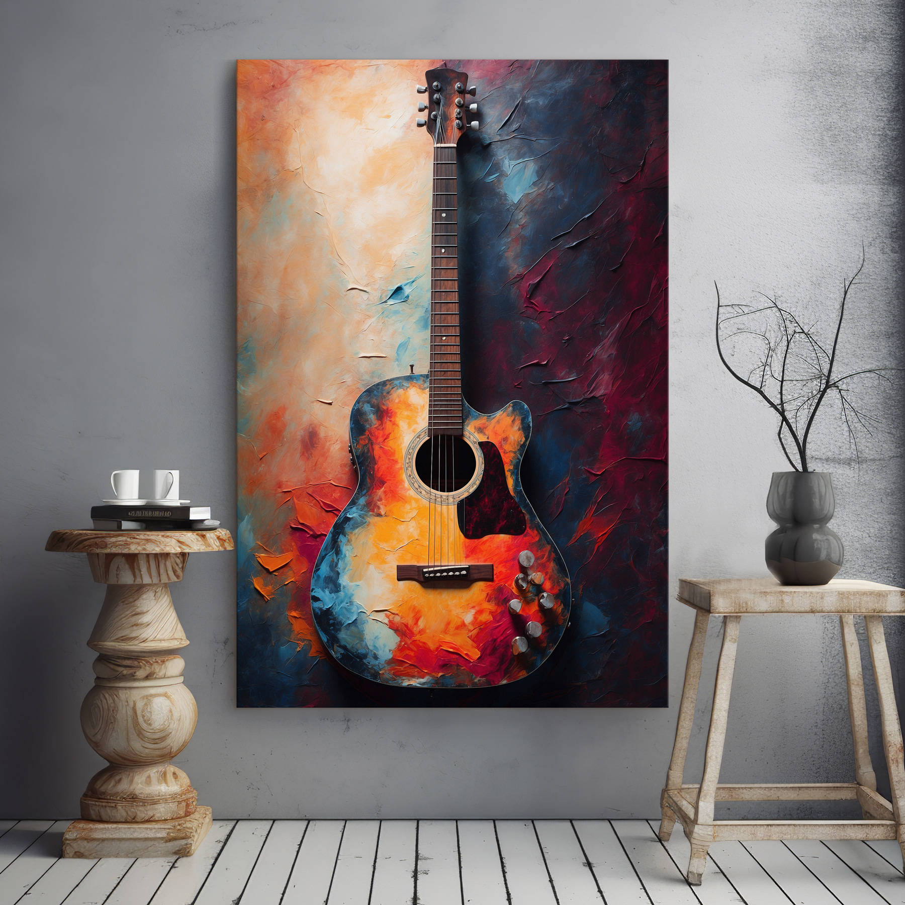 A guitar leaning against a wall