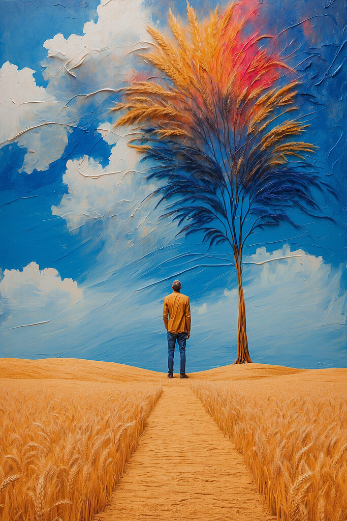 A man standing in a field with a tree and blue sky