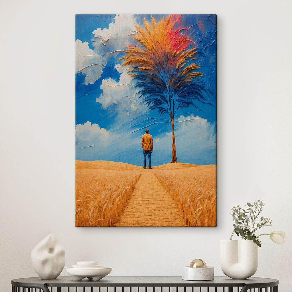 A man standing in a field with a tree and blue sky