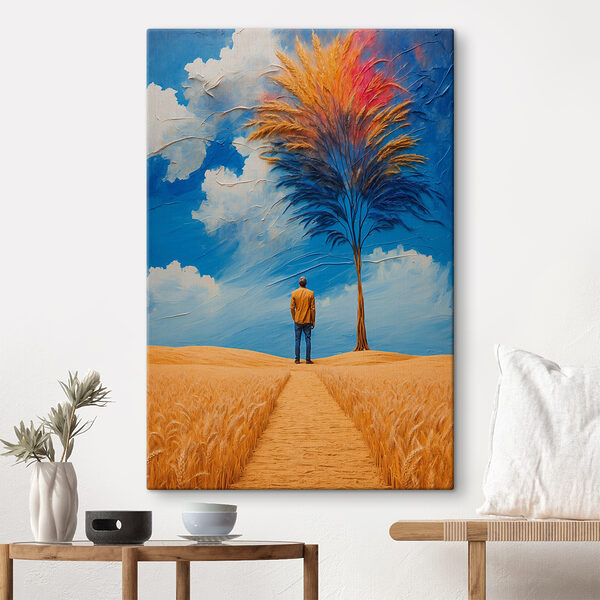 A man standing in a field with a tree and blue sky