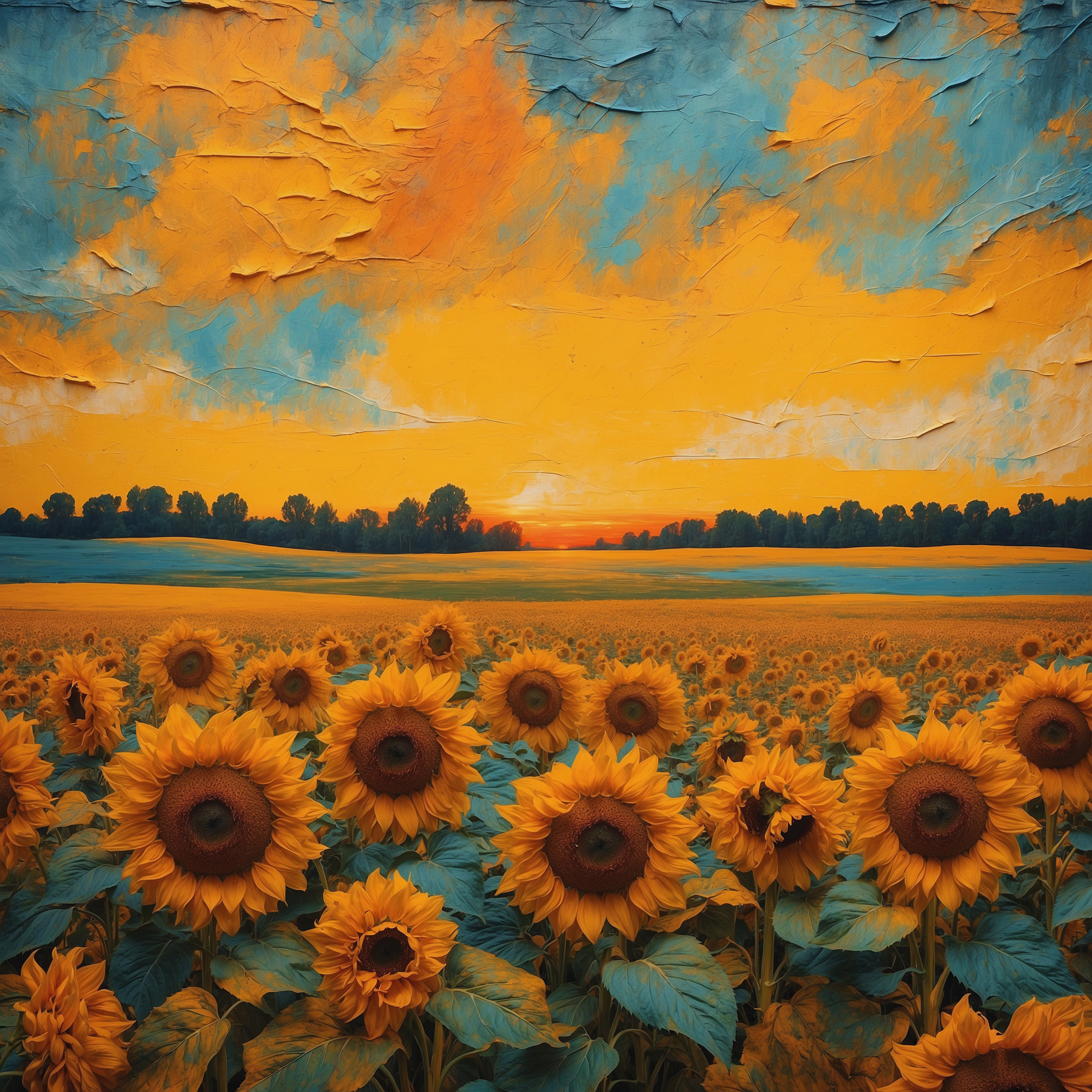 A field of sunflowers with a sunset A field of sunflowers with a sunset