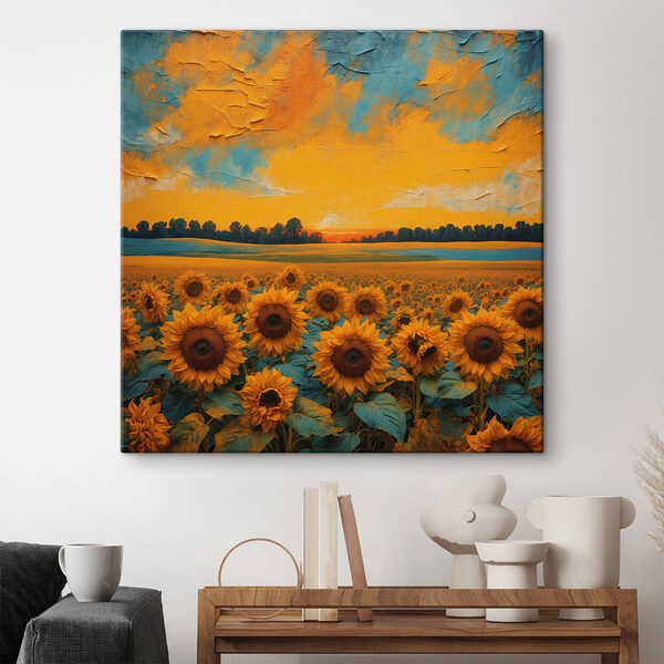 Quadri Un campo di girasoli al tramonto