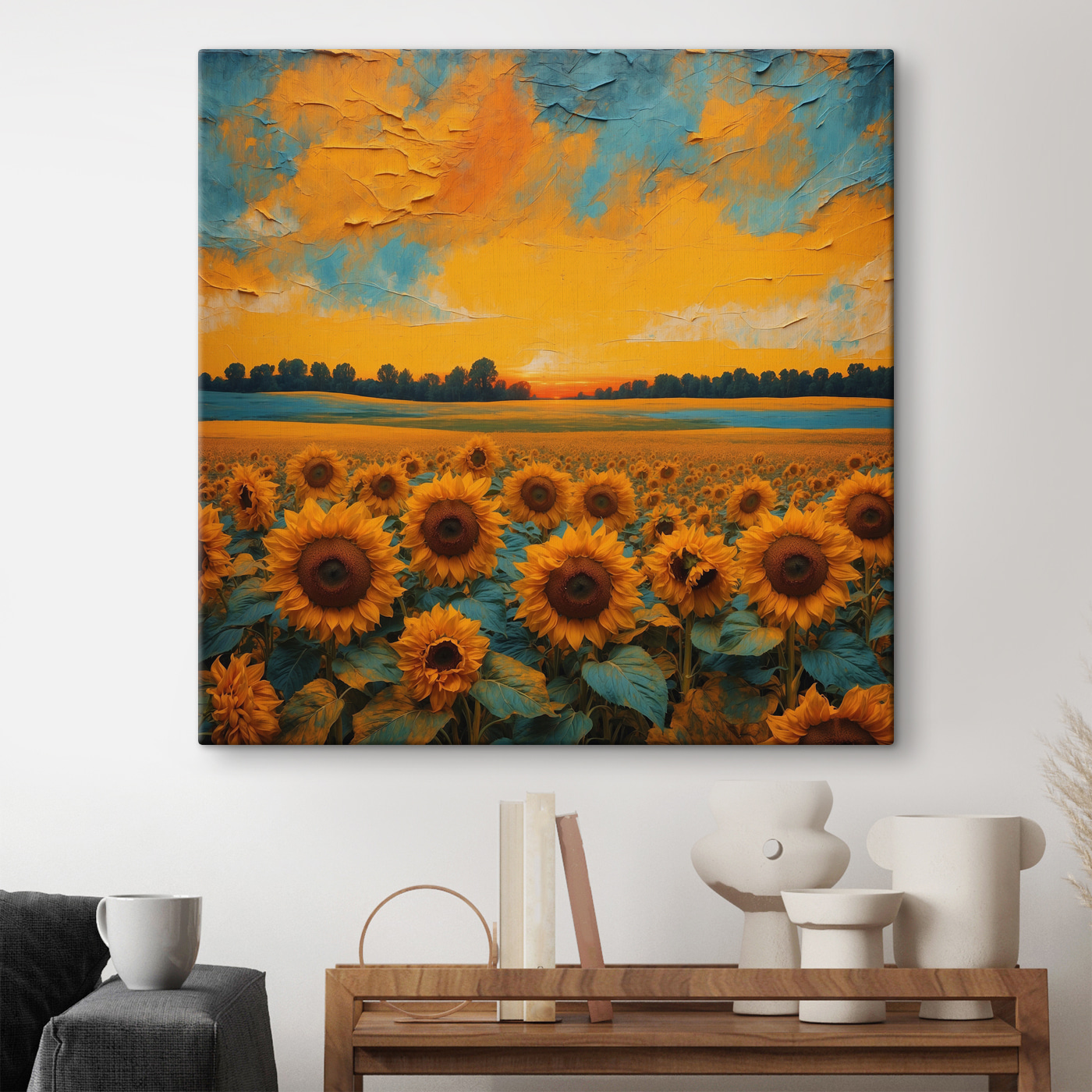 A field of sunflowers with a sunset A field of sunflowers with a sunset