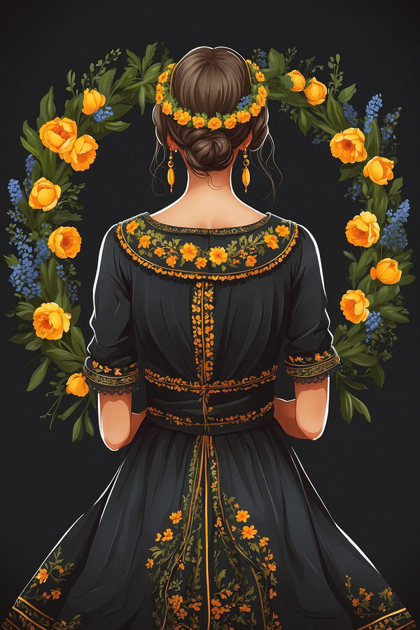 A woman in a black dress with yellow flowers around her neck