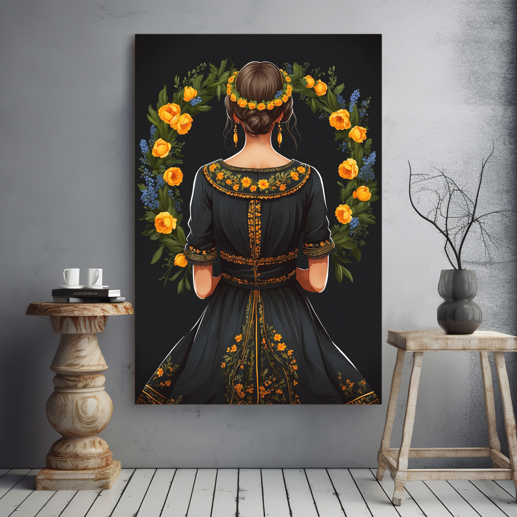 A woman in a black dress with yellow flowers around her neck