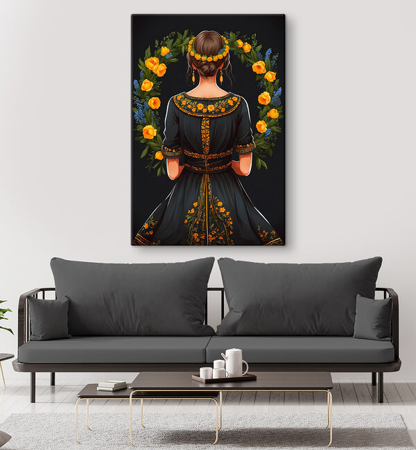 A woman in a black dress with yellow flowers around her neck