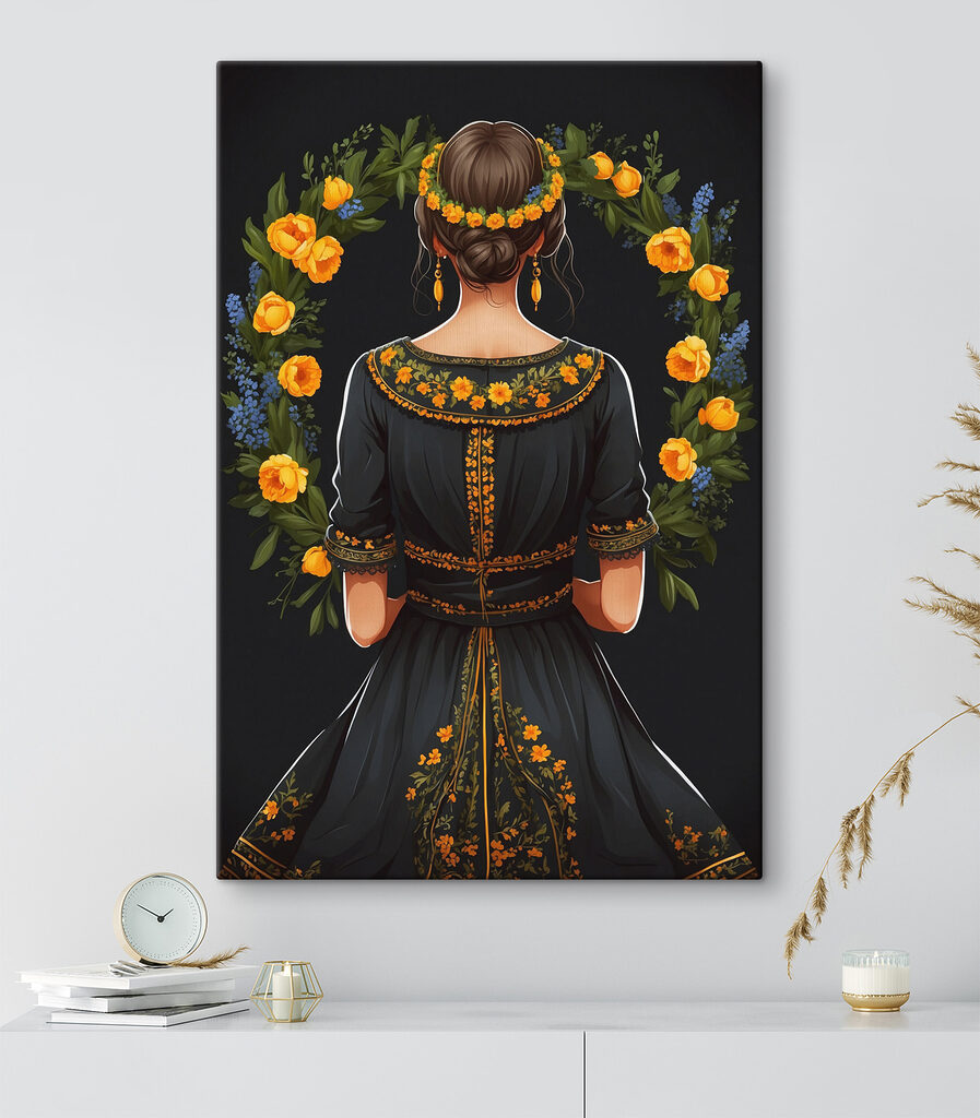 A woman in a black dress with yellow flowers around her neck