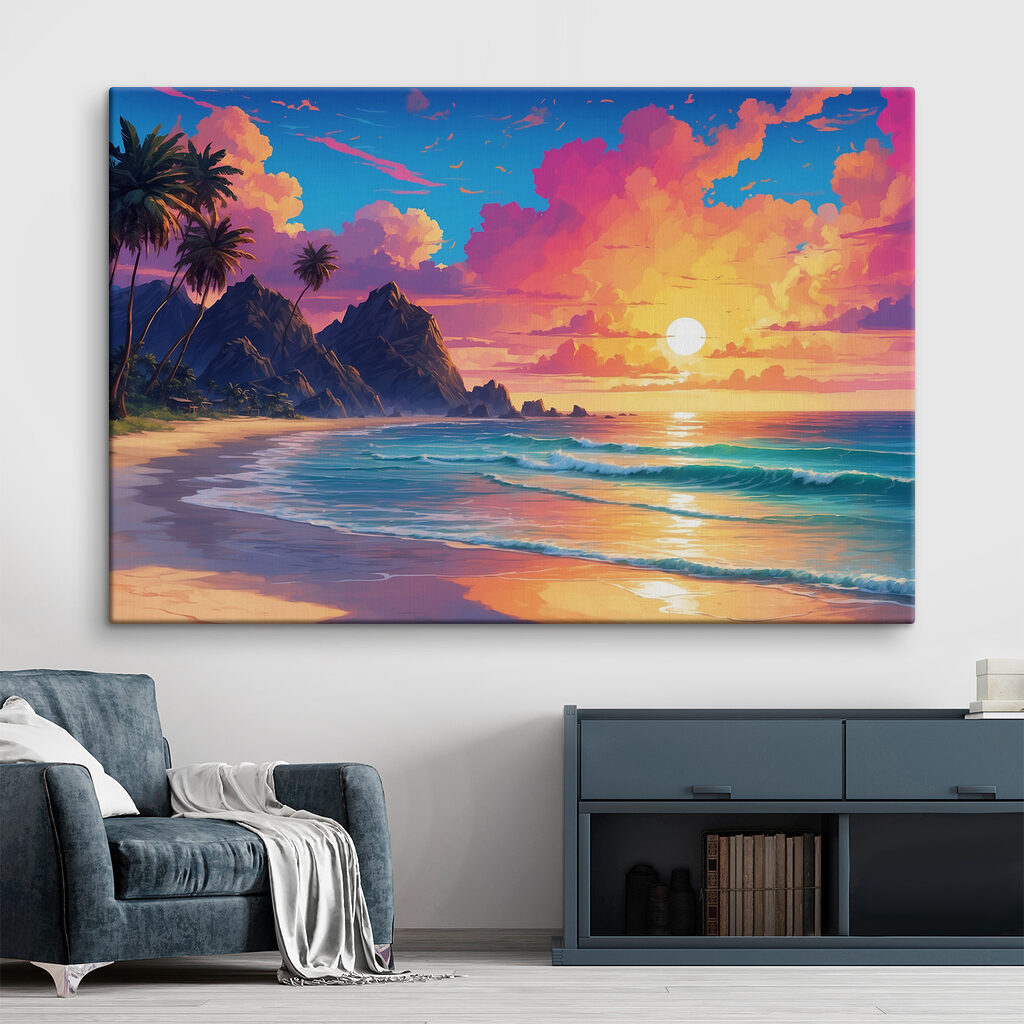 A beach with waves and palm trees