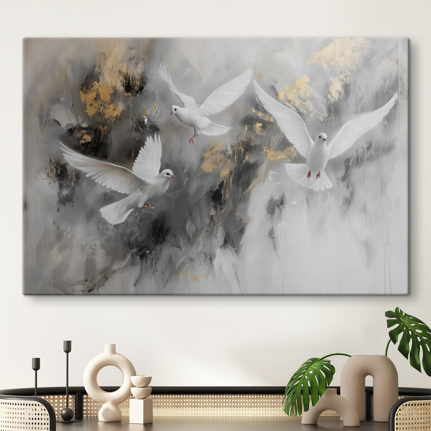 A group of white birds flying
