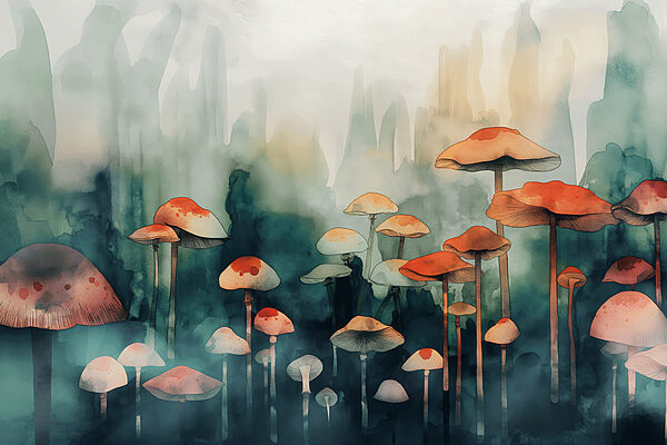 A group of mushrooms in a foggy forest
