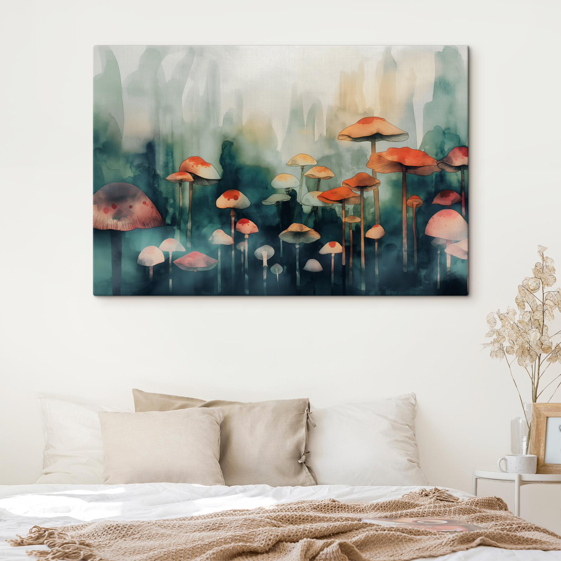 A group of mushrooms in a foggy forest