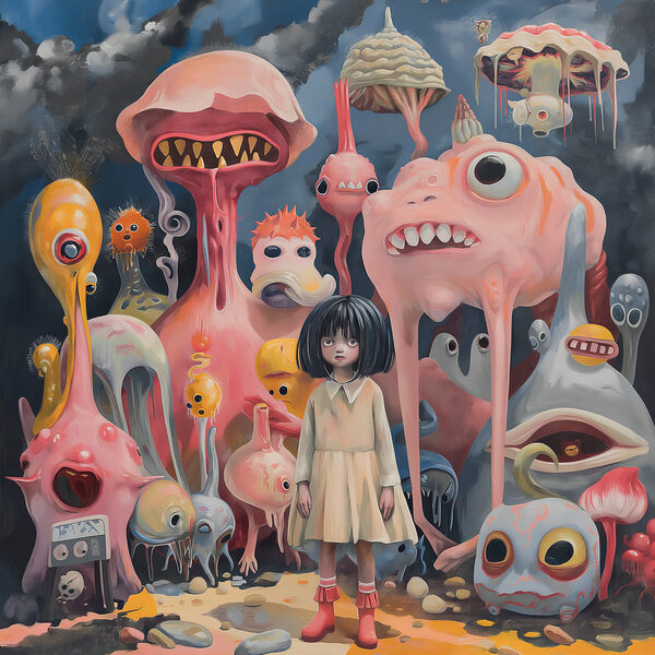 A girl standing in front of many colorful monsters A girl standing in front of many colorful monsters