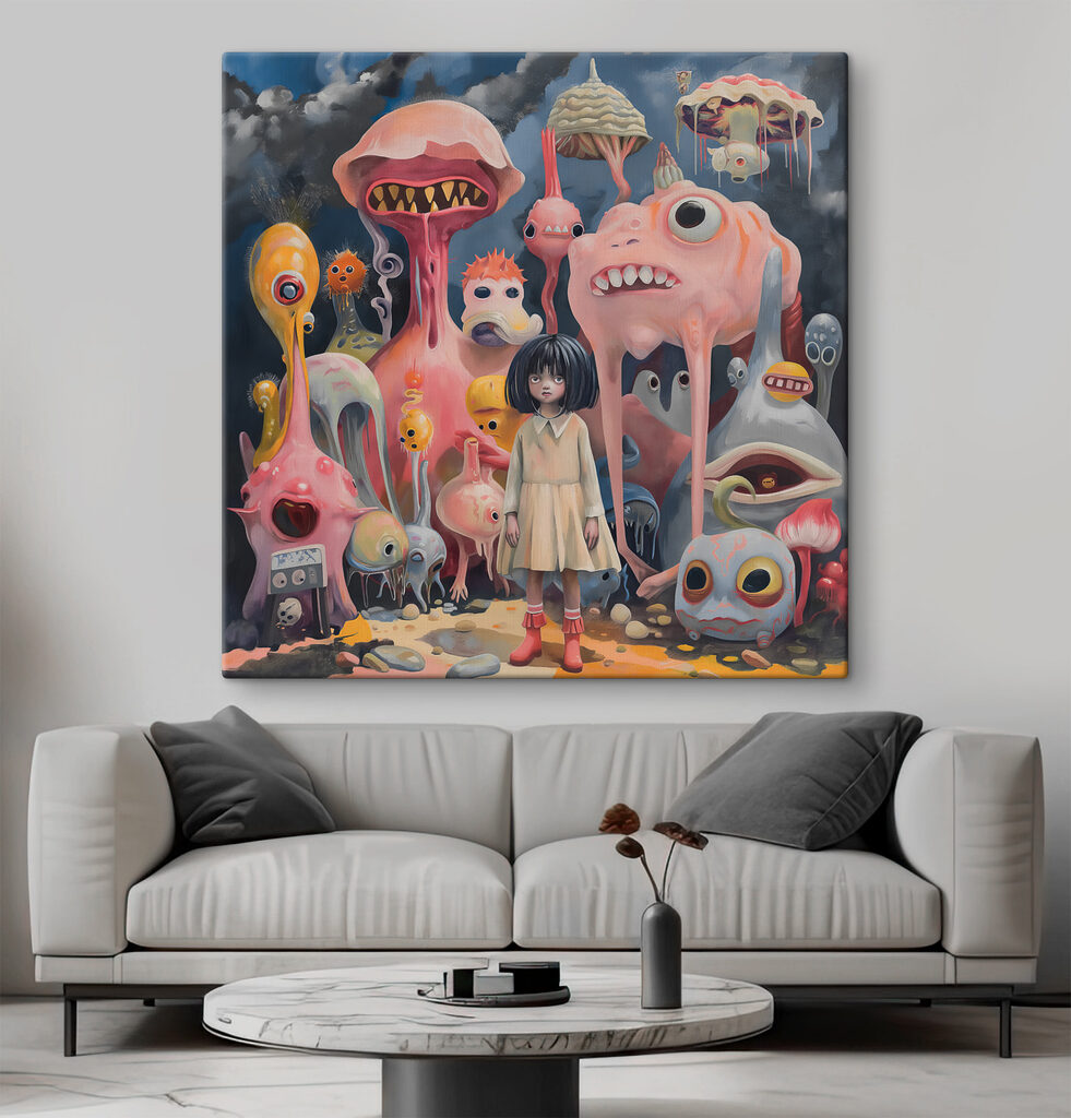 A girl standing in front of many colorful monsters A girl standing in front of many colorful monsters