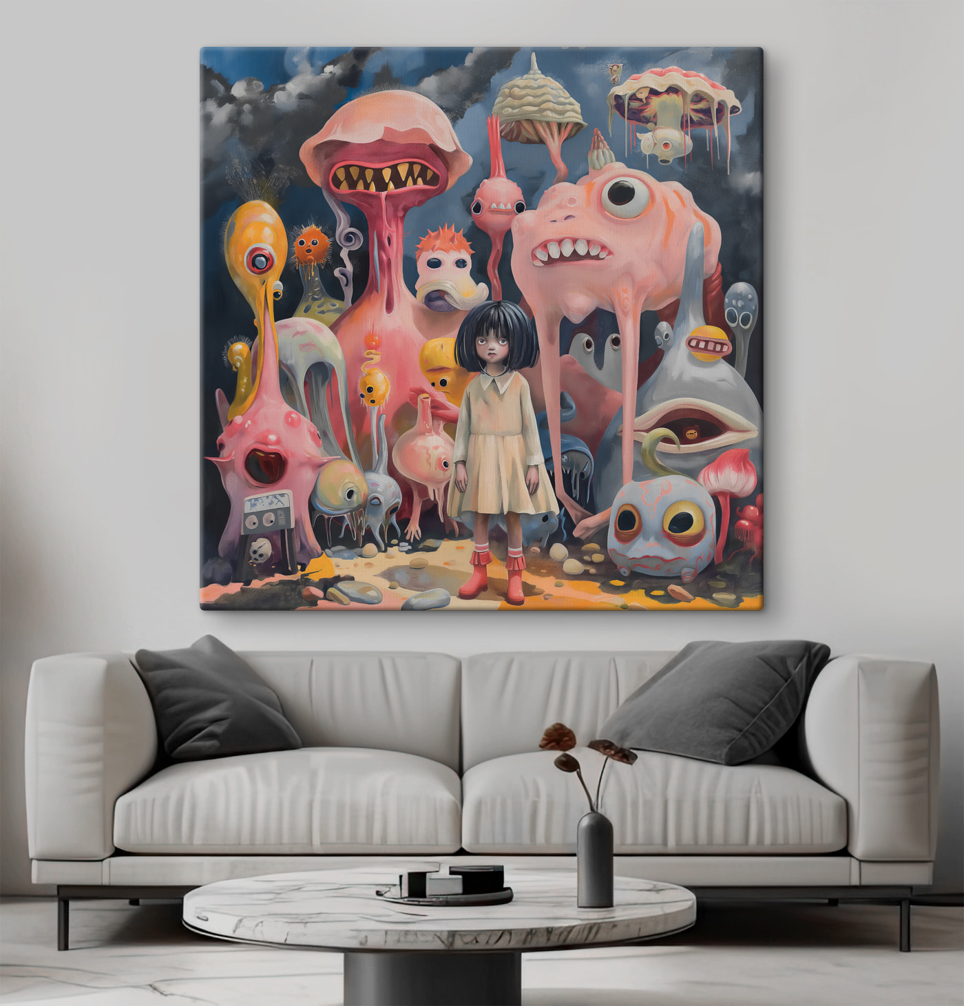 A girl standing in front of many colorful monsters A girl standing in front of many colorful monsters