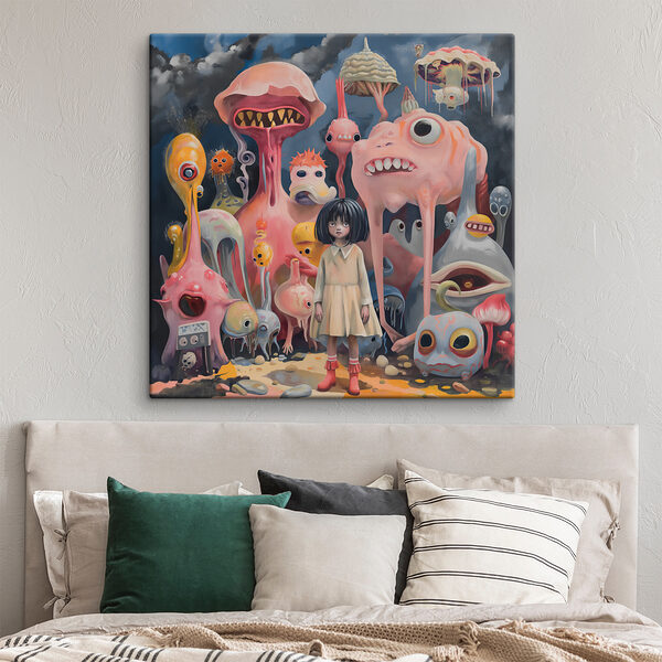 A girl standing in front of many colorful monsters A girl standing in front of many colorful monsters