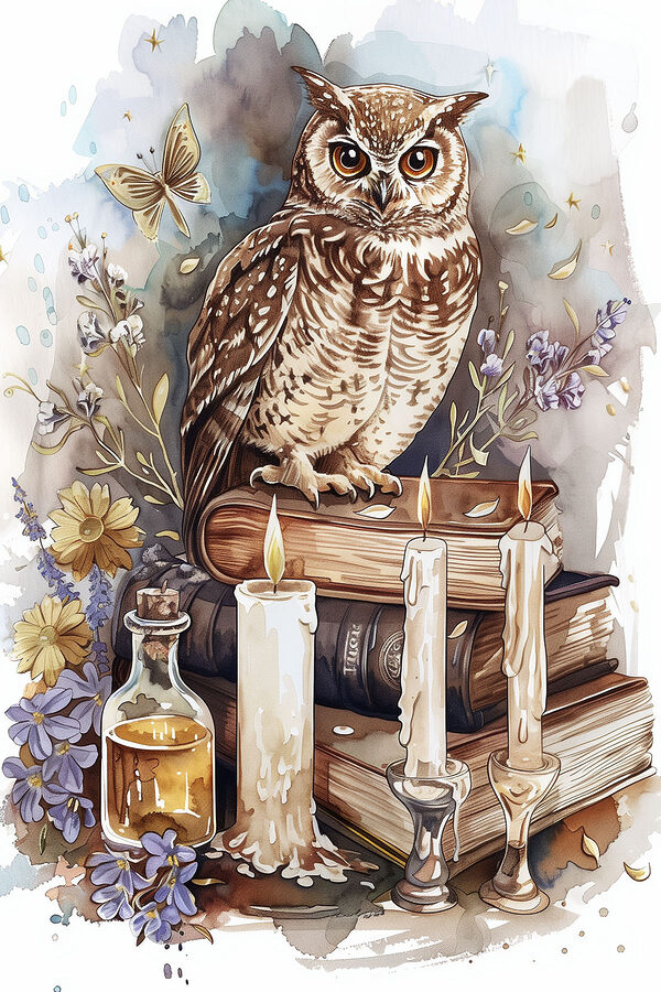 An owl sitting on a stack of books with candles and flowers
