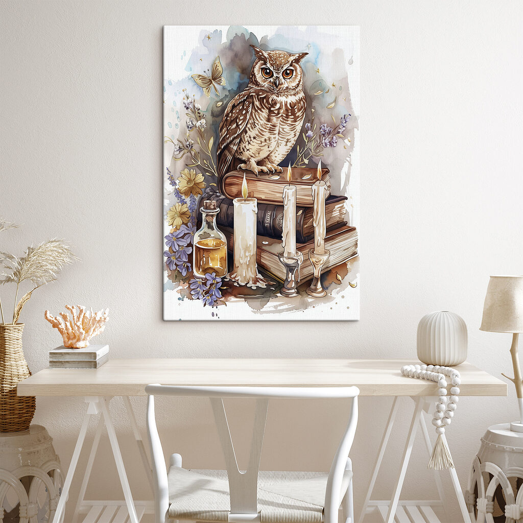 An owl sitting on a stack of books with candles and flowers