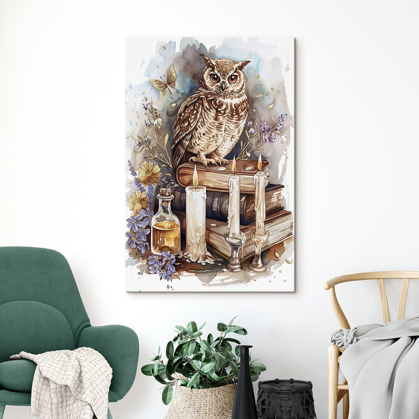An owl sitting on a stack of books with candles and flowers