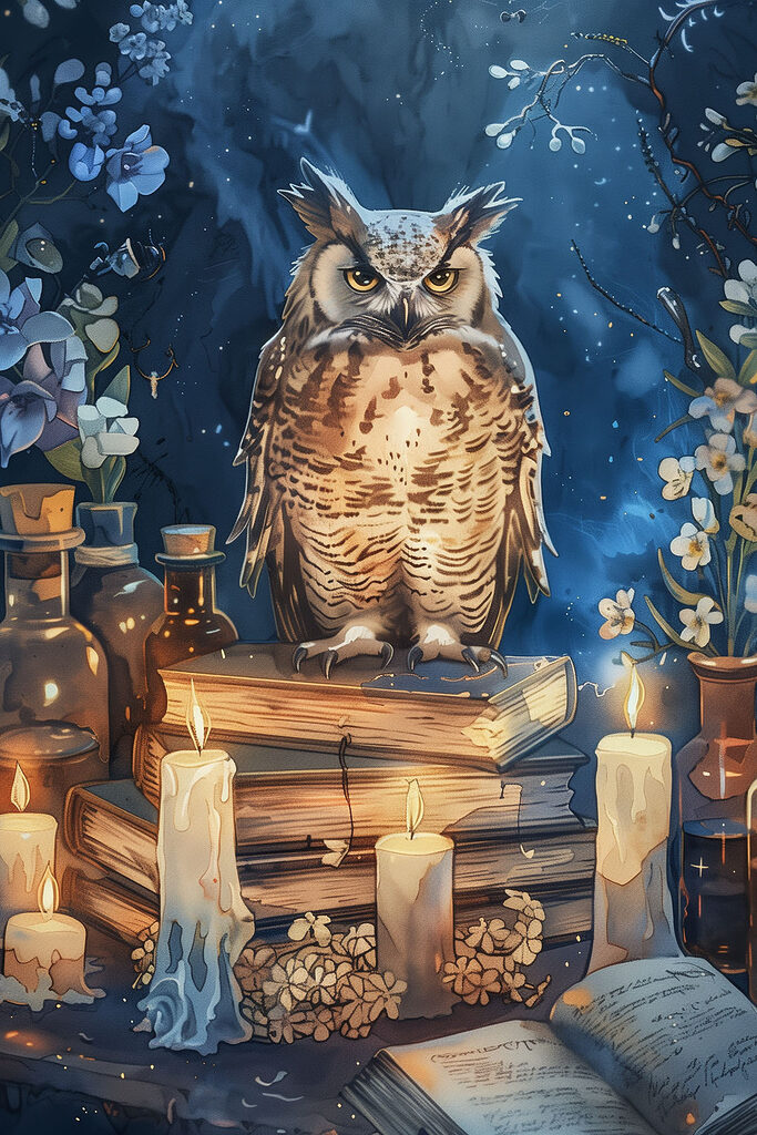 An owl sitting on books and candles