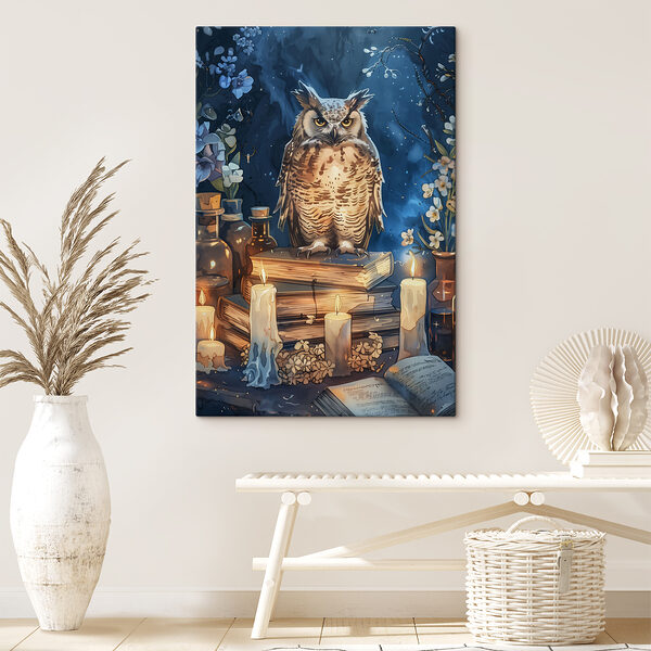 An owl sitting on books and candles