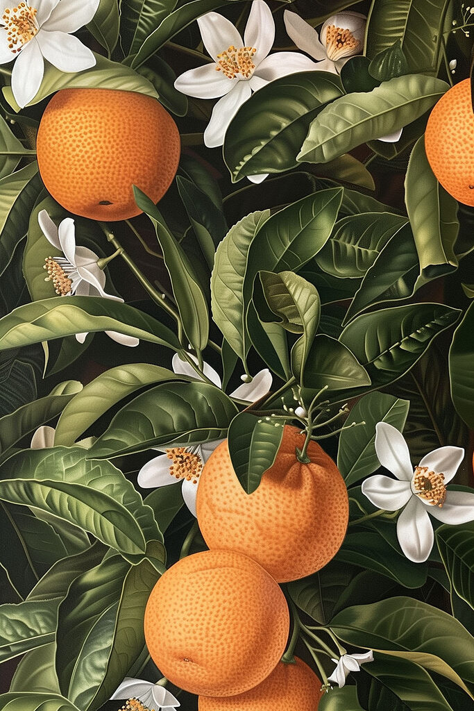 A painting of oranges and leaves