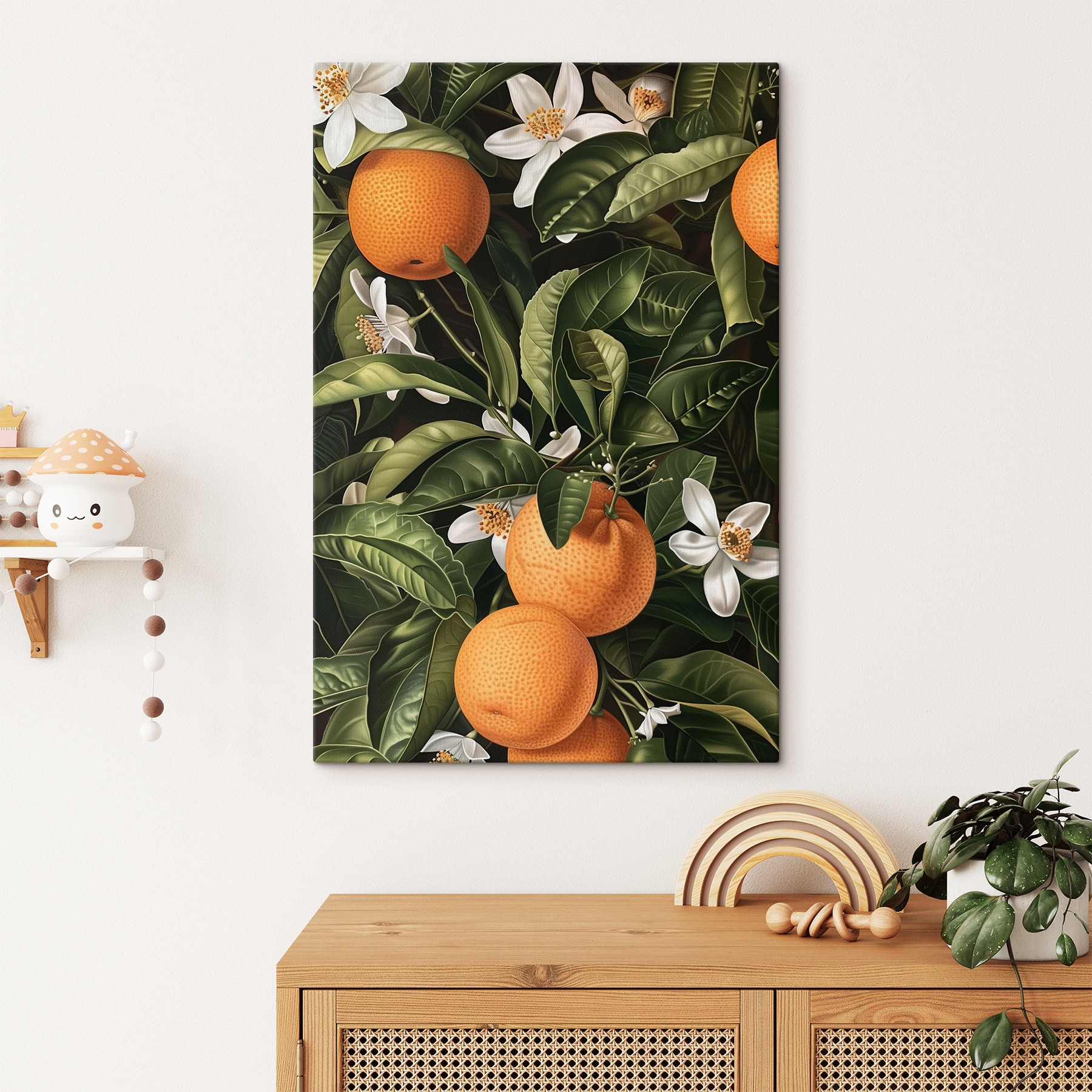 A painting of oranges and leaves