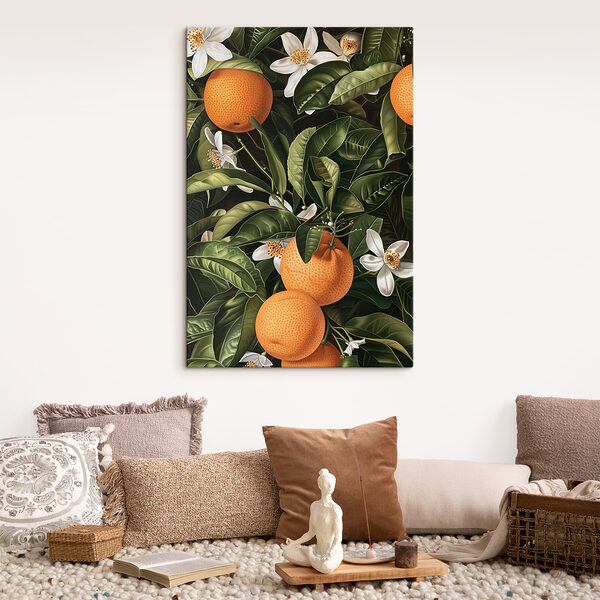A painting of oranges and leaves
