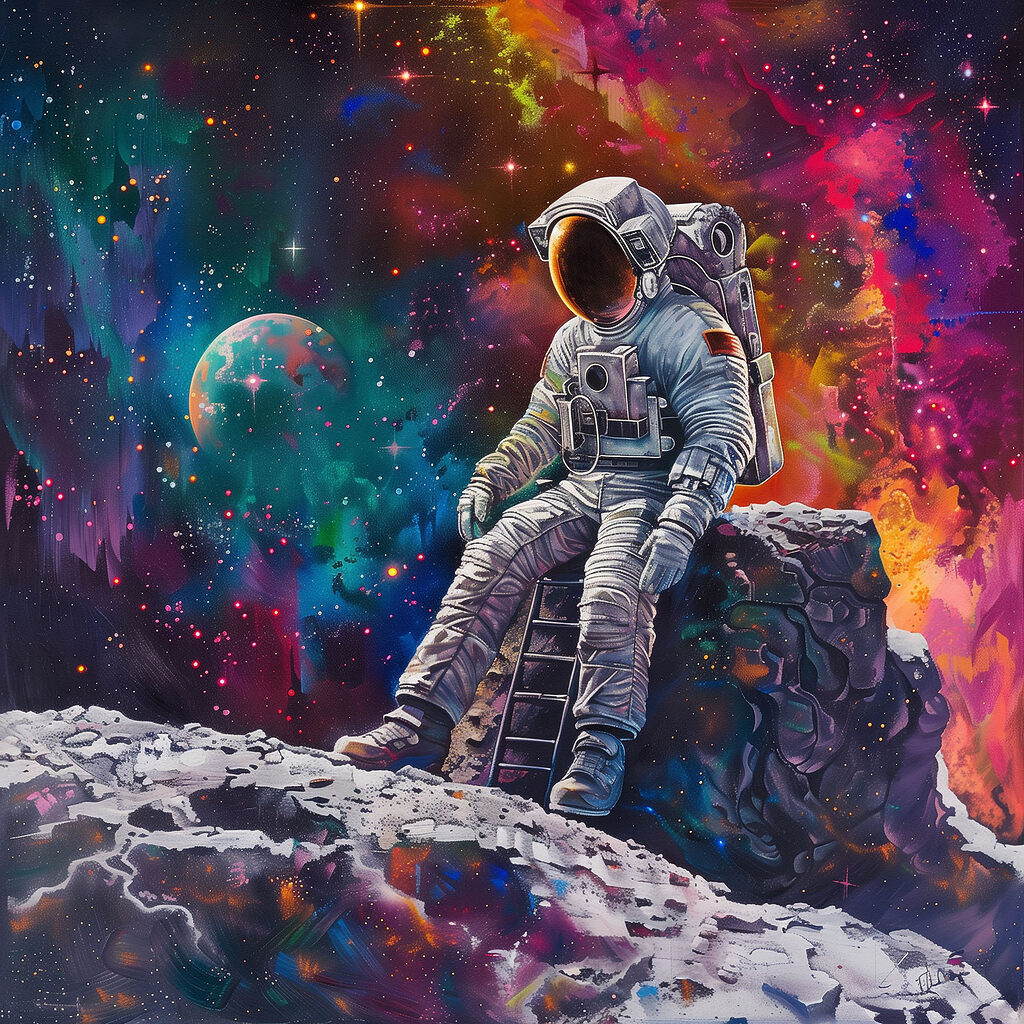 An astronaut sitting on a rock in space An astronaut sitting on a rock in space