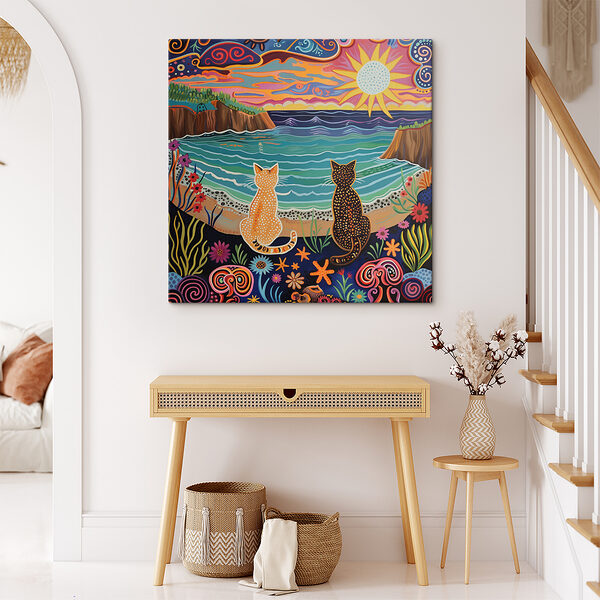 A painting of two cats sitting on a beach