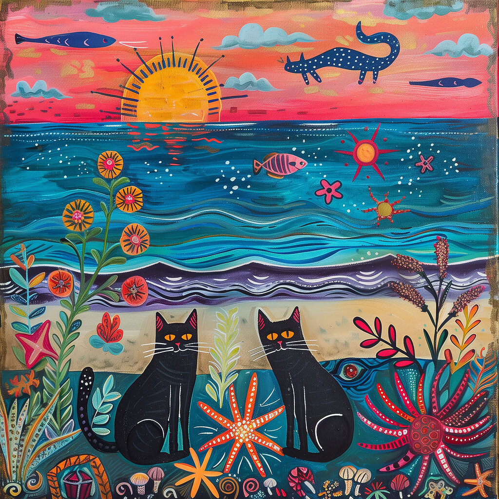 A painting of cats on a beach A painting of cats on a beach