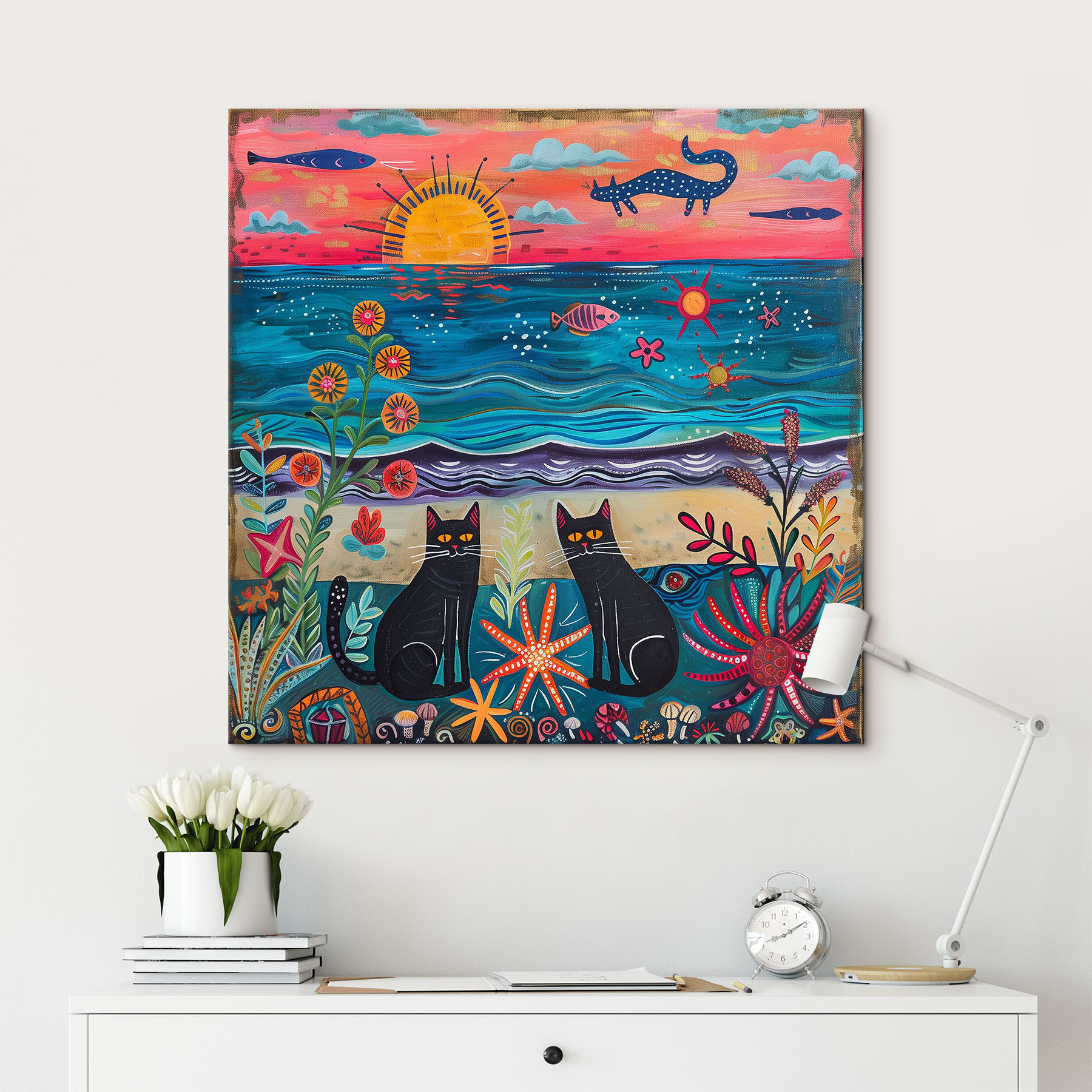 A painting of cats on a beach A painting of cats on a beach
