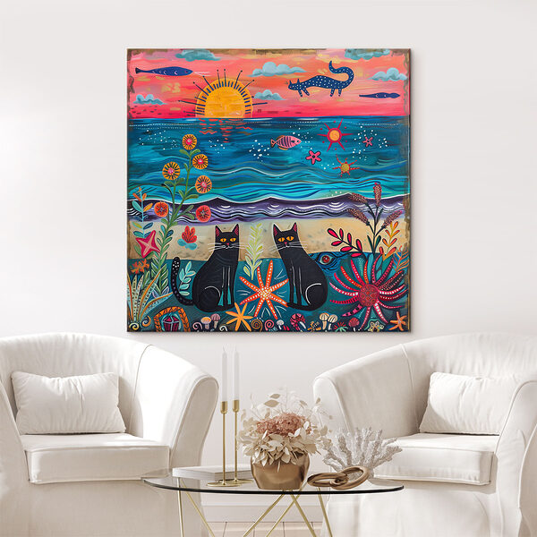 A painting of cats on a beach A painting of cats on a beach