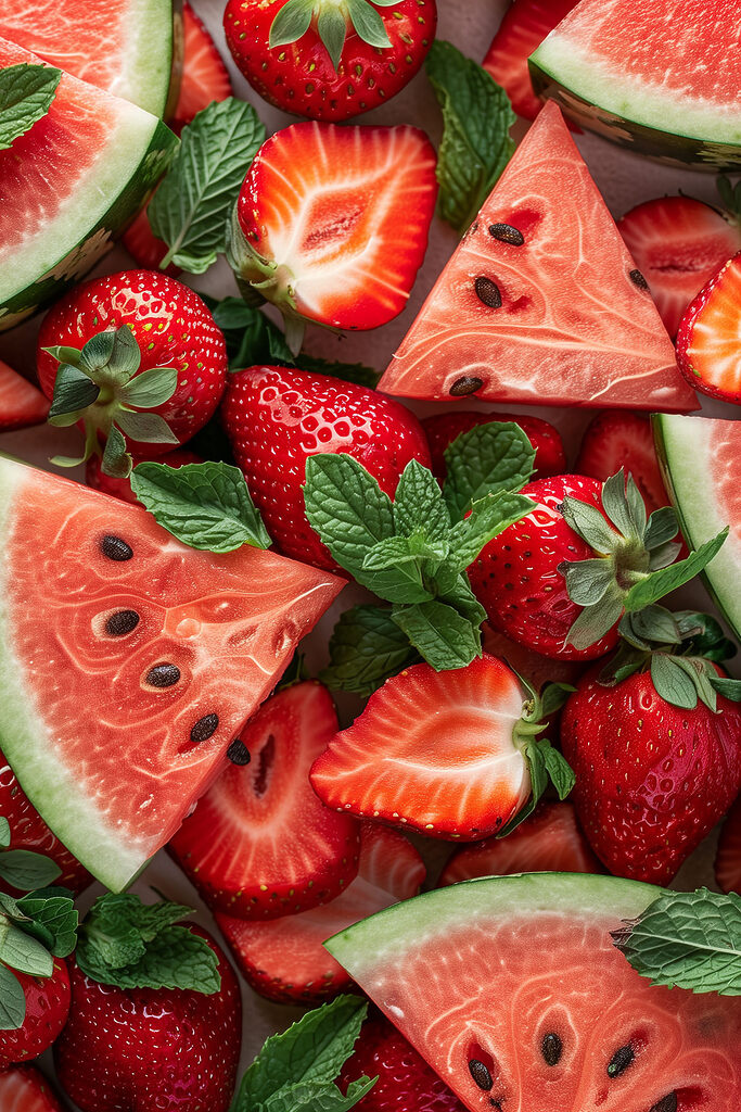 A group of sliced strawberries and watermelon
