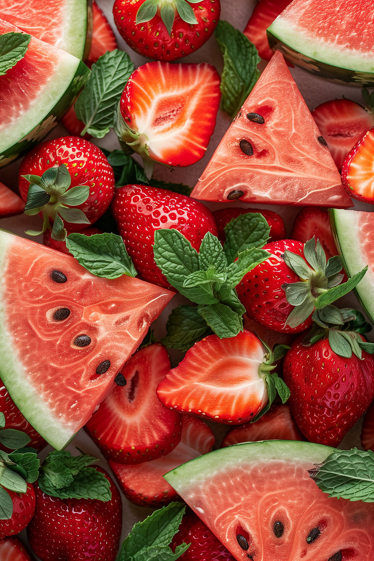 A group of sliced strawberries and watermelon