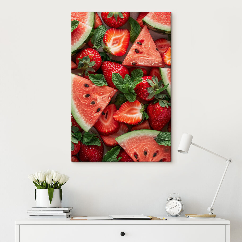 A group of sliced strawberries and watermelon