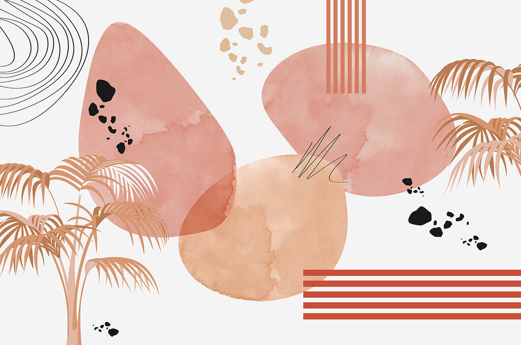 A art of pink and black circles and a palm tree A art of pink and black circles and a palm tree