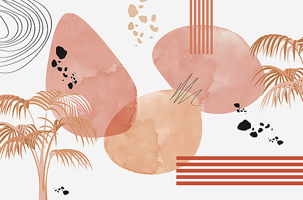 A art of pink and black circles and a palm tree A art of pink and black circles and a palm tree