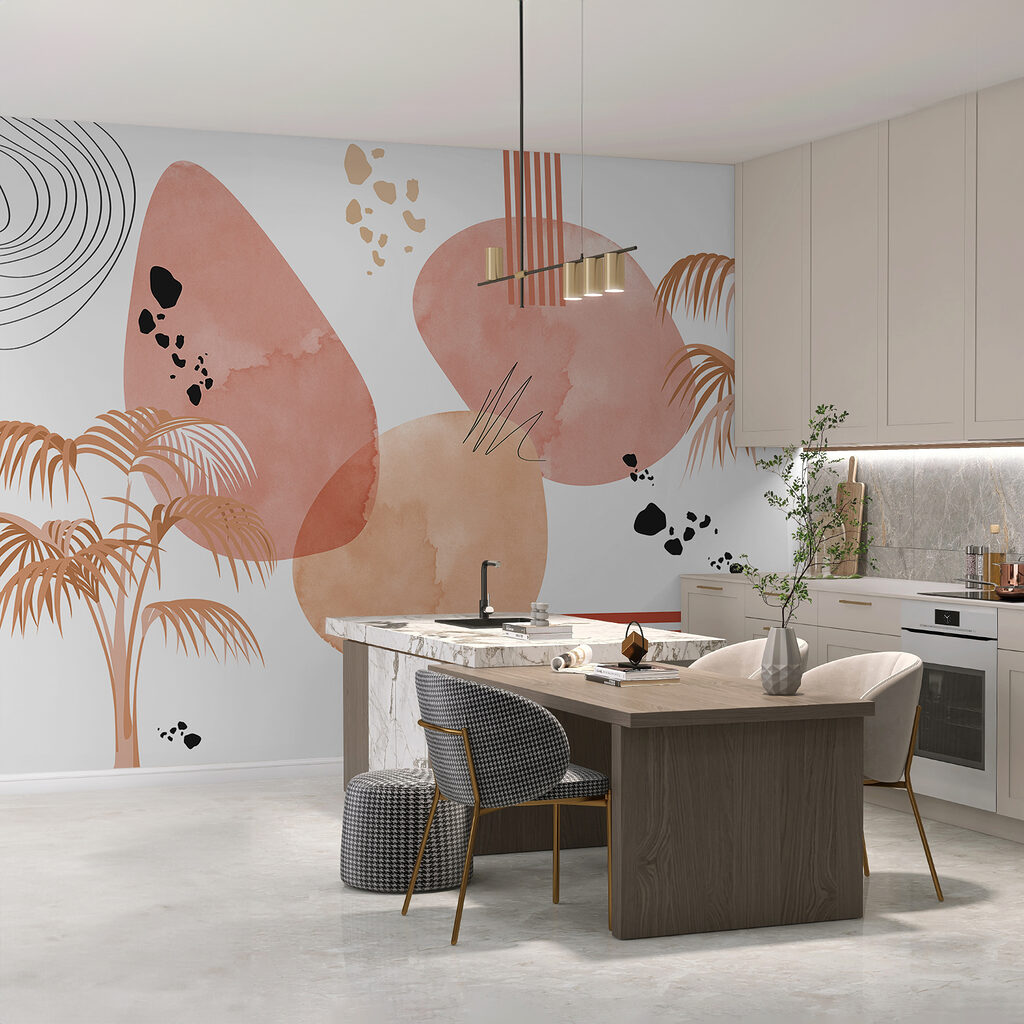 A art of pink and black circles and a palm tree A art of pink and black circles and a palm tree