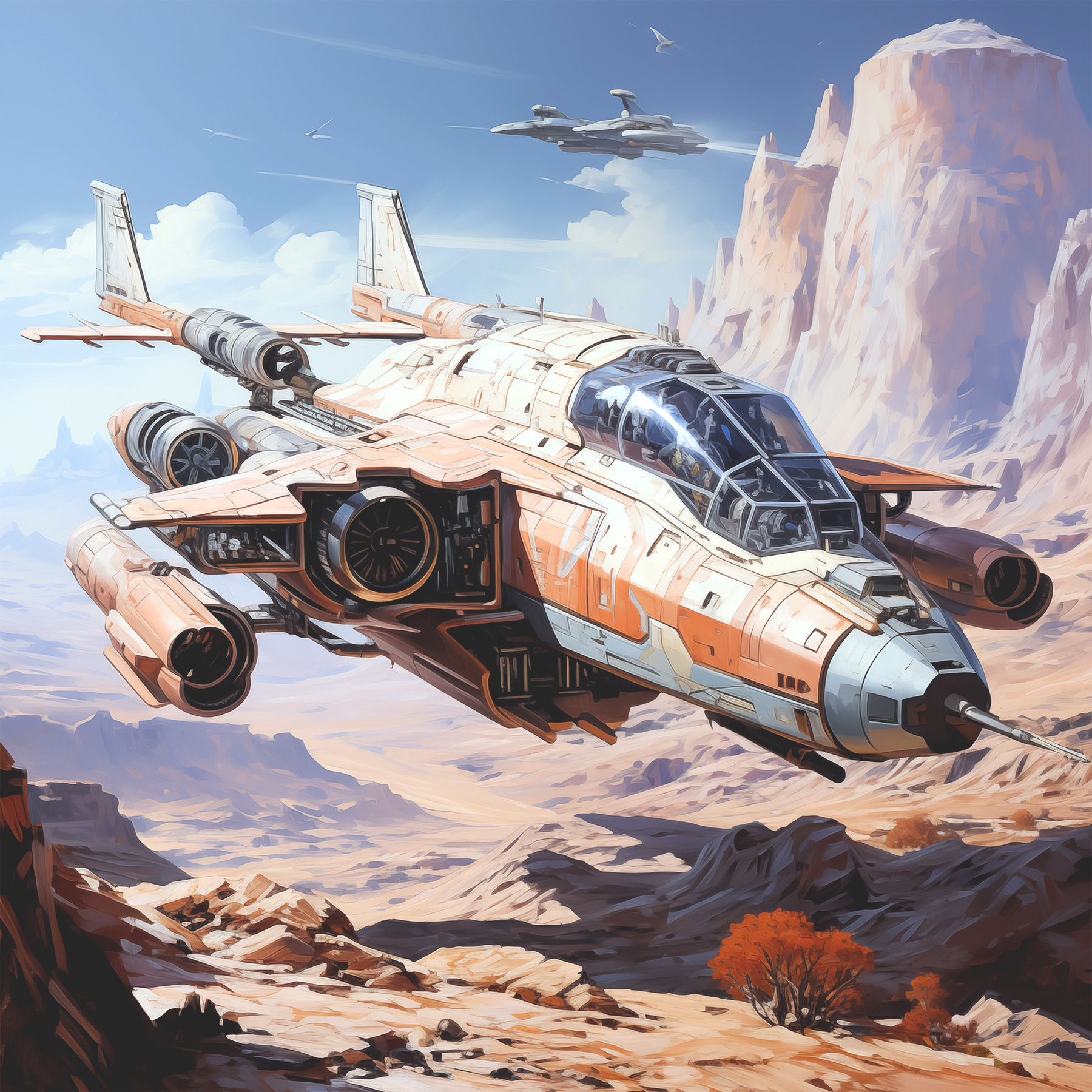 A video game art of a spaceship flying over a desert landscape A video game art of a spaceship flying over a desert landscape