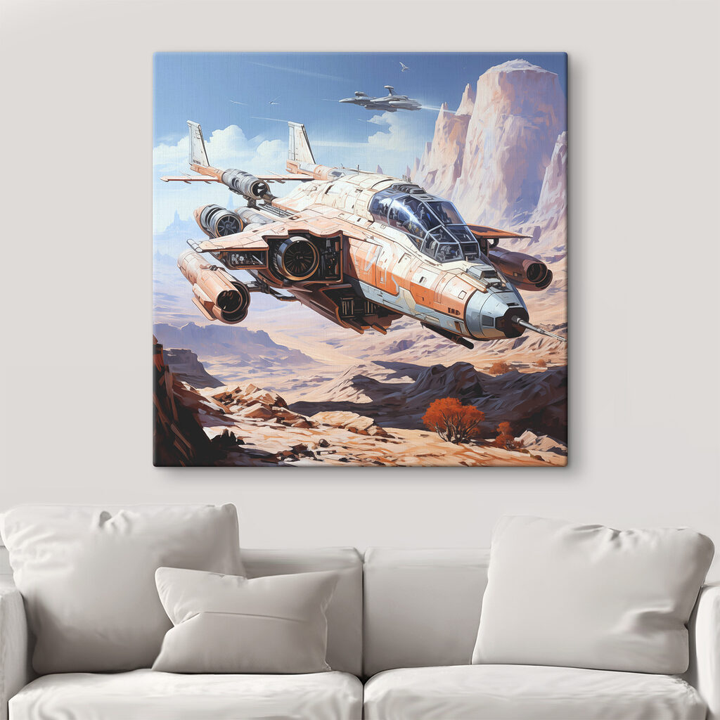 A video game art of a spaceship flying over a desert landscape A video game art of a spaceship flying over a desert landscape