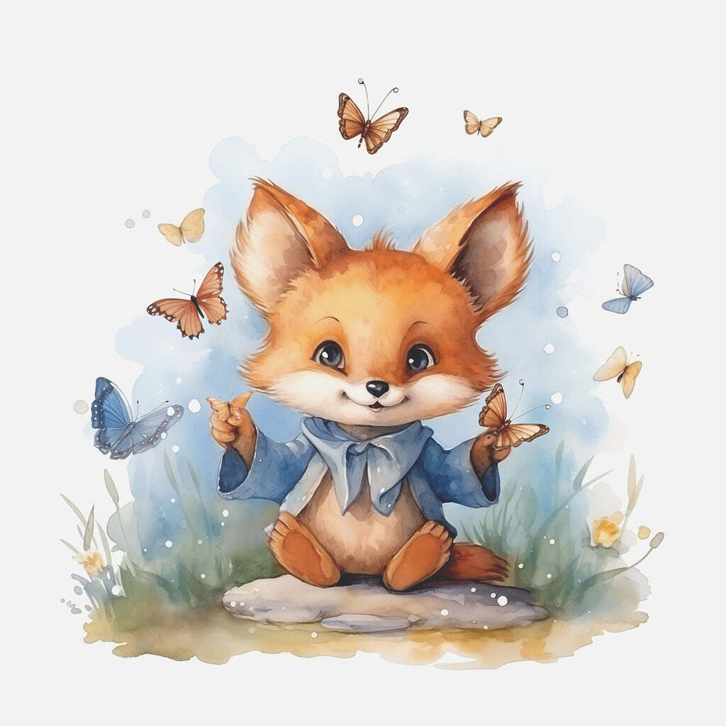A fox with butterflies around it A fox with butterflies around it
