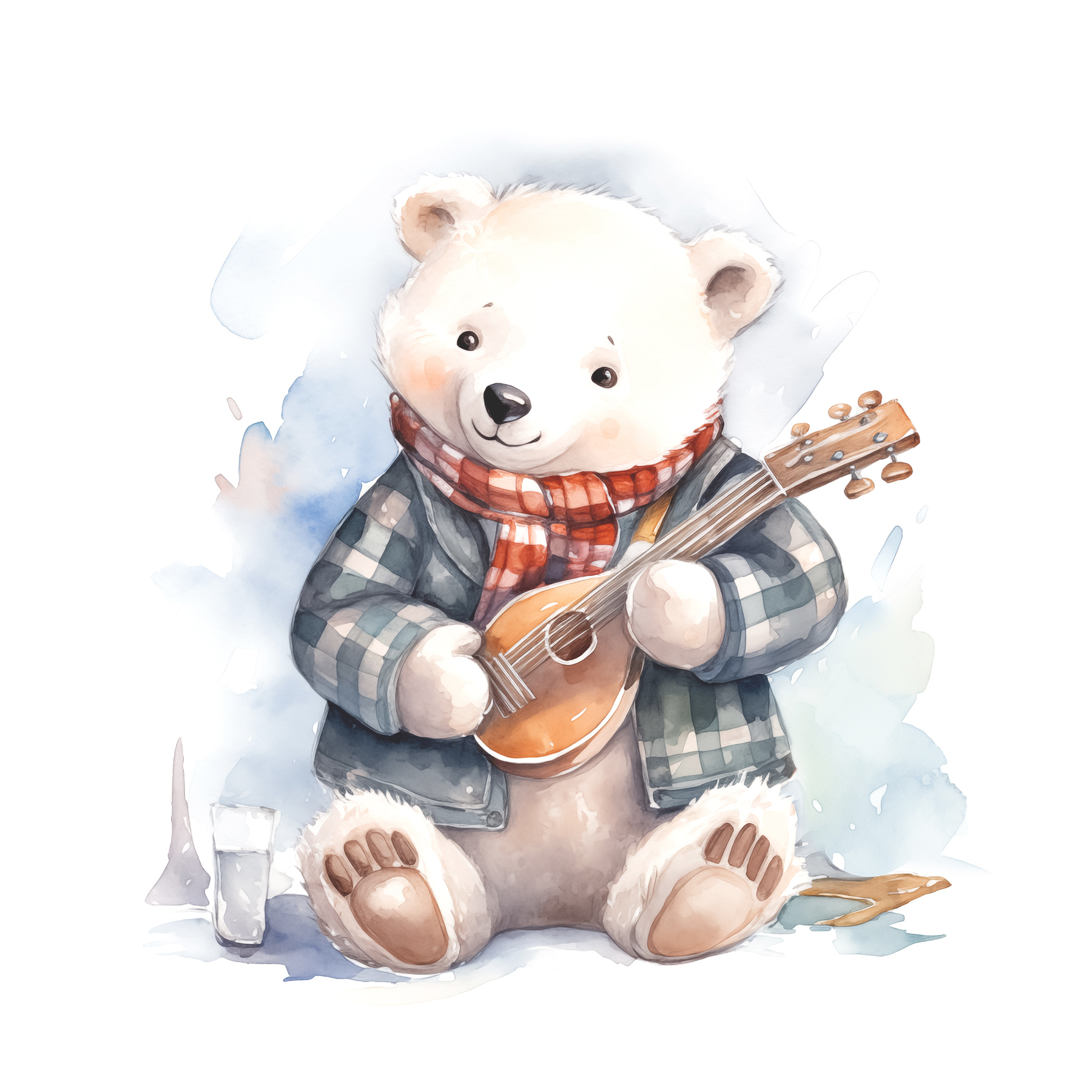A watercolor of a teddy bear playing a guitar